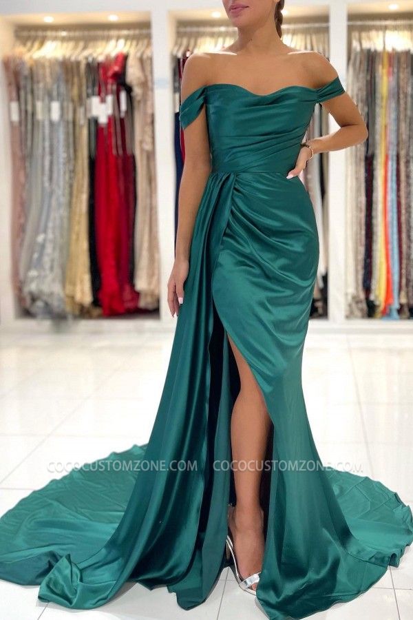 Simple and inexpensive dark green one-shoulder ball gown