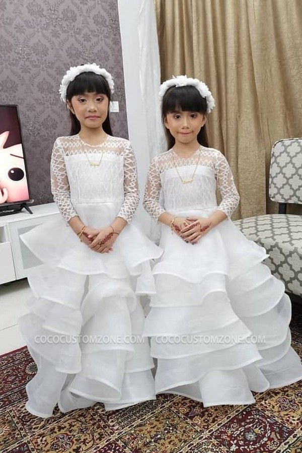 Long-sleeved White Bud Silk Chiffon Girl Dresses With Ruffles | Turtleneck Pageant Dress Little Girl