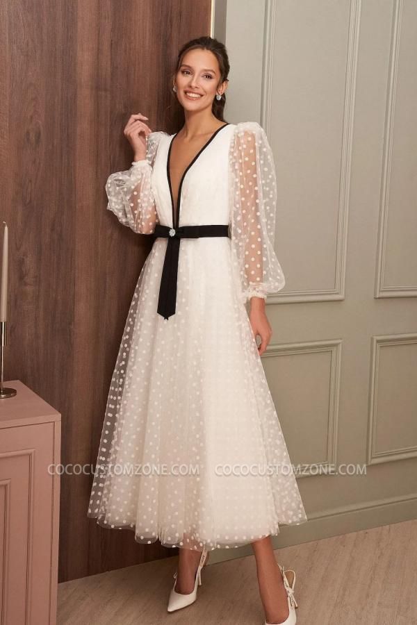 Tea-Length V-Neck Long Sleeves A-line  Simple Wedding dresses