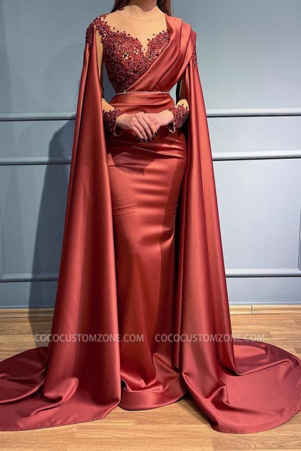 Chic Red Sleeved Mermaid Evening Gown | Long Lace Prom Dress Cheap