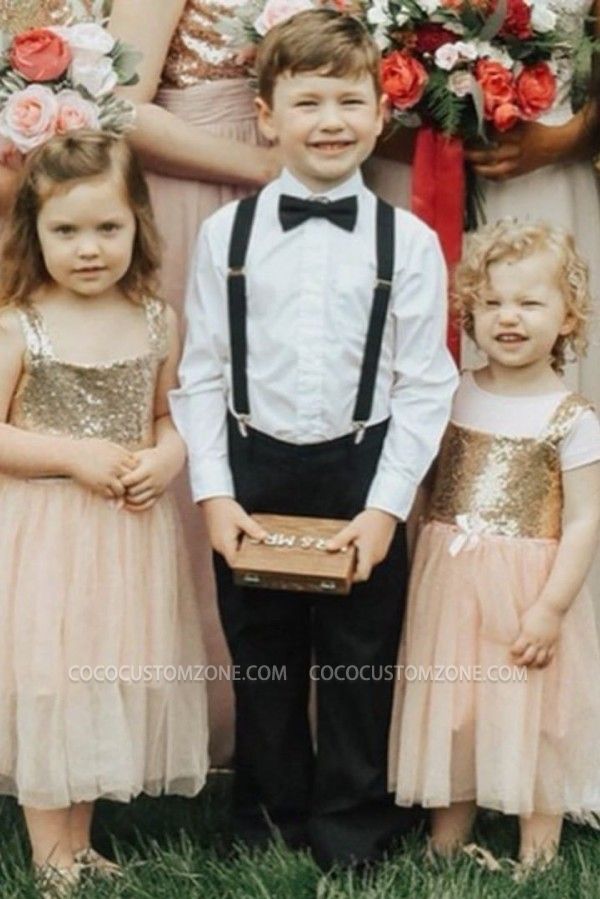 Sequins Bind Tulle Flower Girl Dress Tea Length | Champagne Children's Wedding Dress