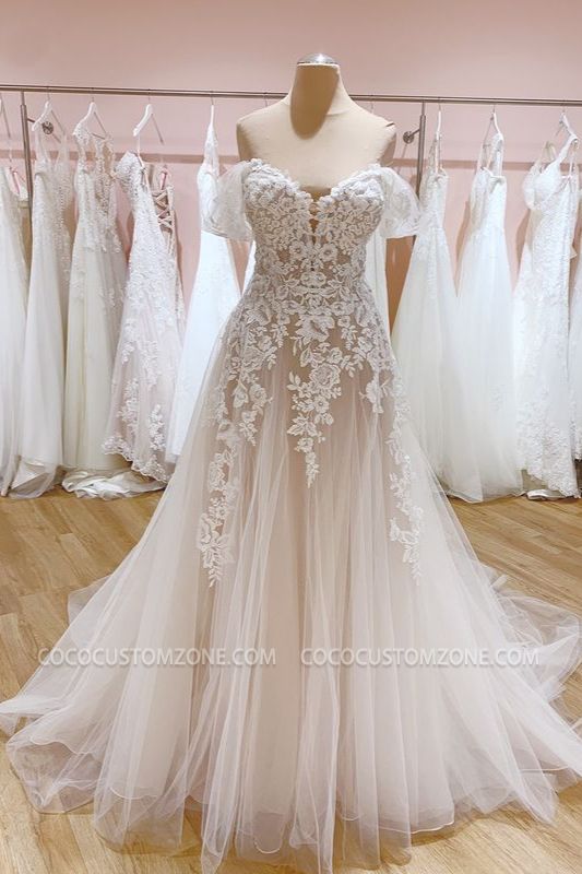 Gorgeous card shoulder tulle wedding dress | A-line lace wedding dress