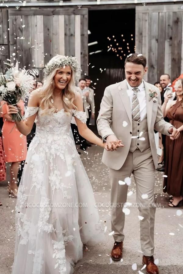 Off the Shoulder Inexpensive A-Line Lace Wedding Dresses | Boho Wedding Dresses