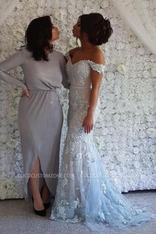 Elegant Long Lace Shoulder Glitter Mermaid Ball Gown