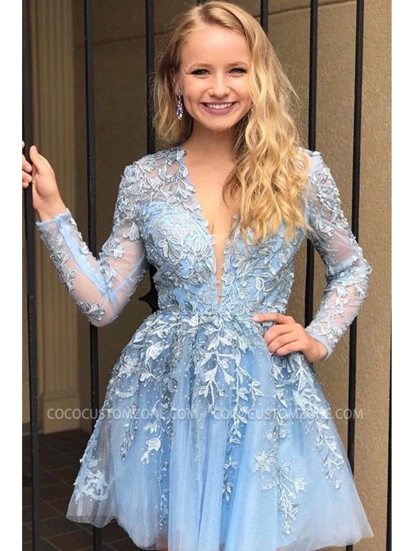 Lace Short/Mini V-Neck Long Sleeves A-line Homecoming Dresses