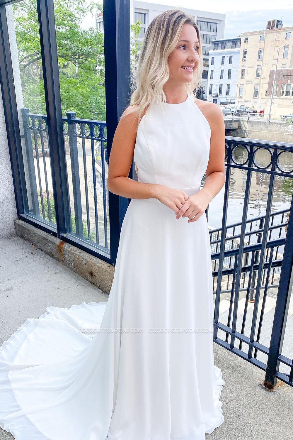Simple A-line Halter Neck and Floorless Sleeveless Backless Ruffle Trim Wedding Dress