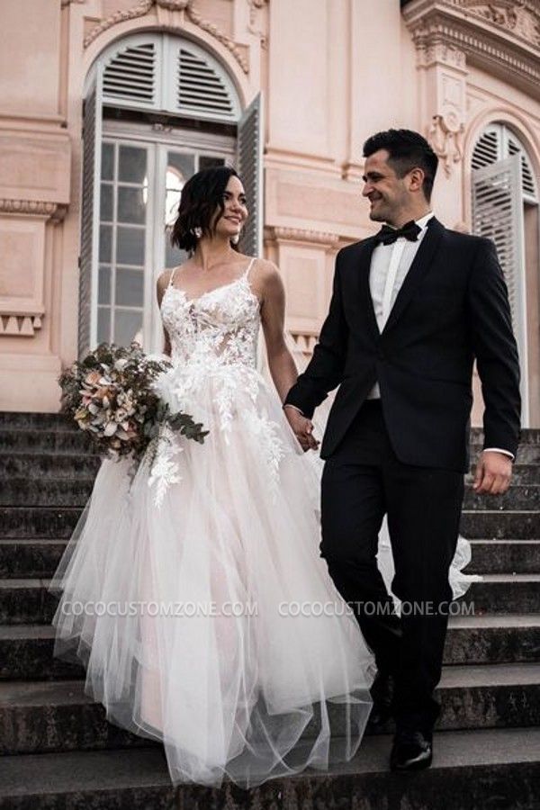 Elegant And Simple A-line Tulle Spaghetti Straps Lace Wedding Dress
