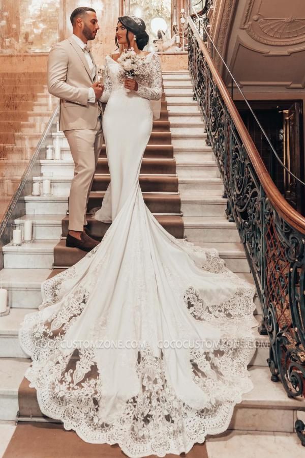 Gorgeous V-Neck Lace Sleeve Wedding Dress | Mermaid Wedding Dress
