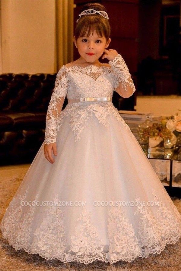 Ball Gown/Princess Spoon Tulle Lace Applique Long Sleeve Flower Girl Dress
