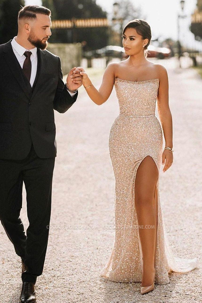 Elegant Long Sequined Strapless Neck Slit Evening Dress | Sexy Mermaid Ball Dress