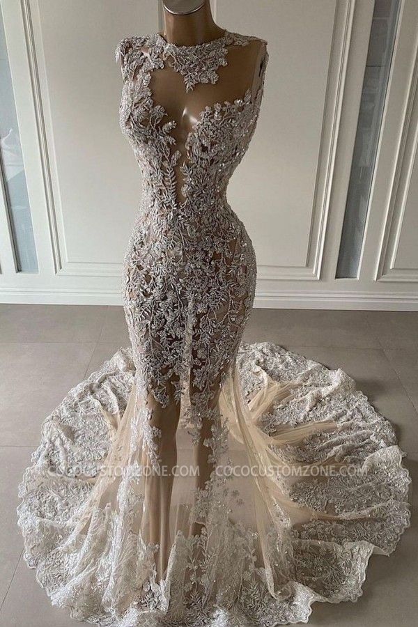 High Neck Long Sleeve Beaded Lace Floral Floor-length Wedding Dress