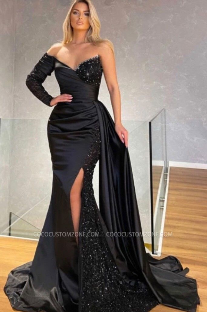 Black Long Sleeve V-Neck Lace Evening Gown | Long One Sleeve Ball Gown