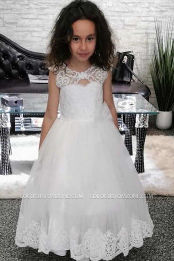 Cute A-line White Lace Keyhole Decal Girl Dress