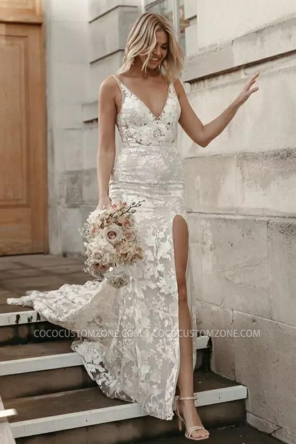 Chic Lace Mermaid Sleeveless V-neck Side Slit Wedding Dress