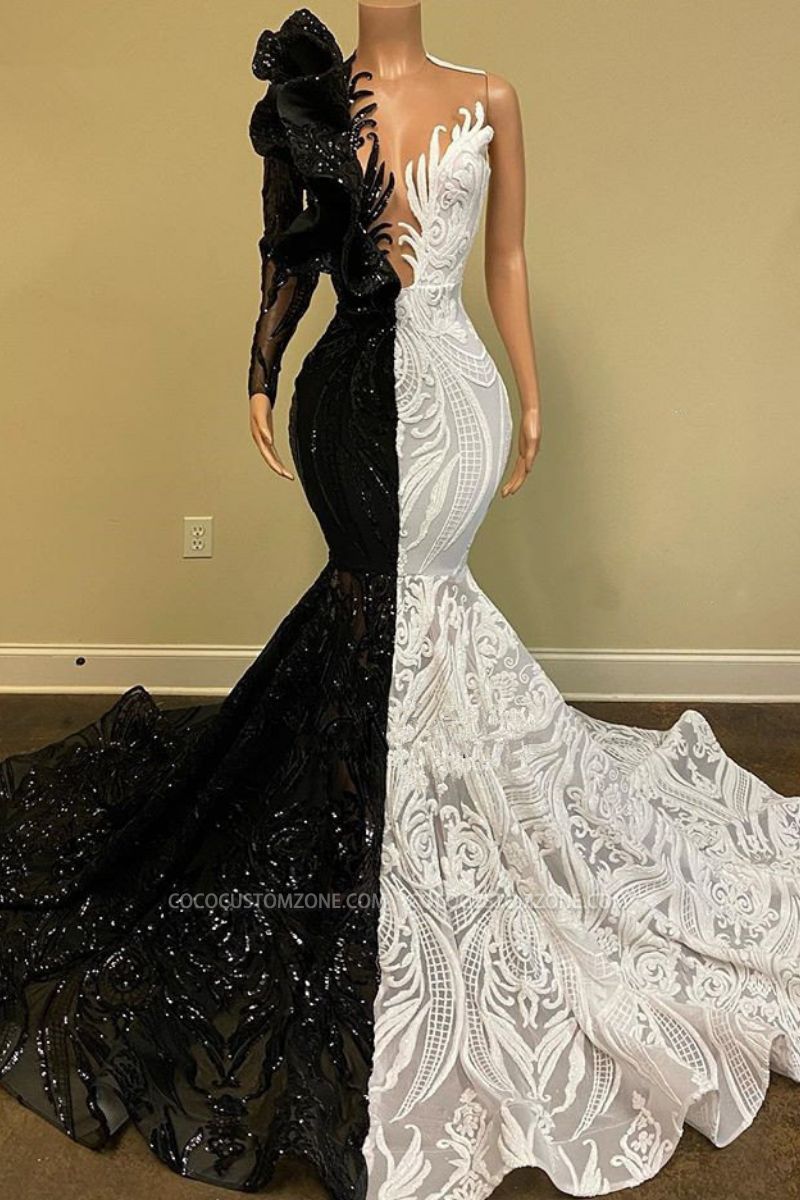 Chic two-tone V-neck one-shoulder long-sleeved mermaid ball gown
