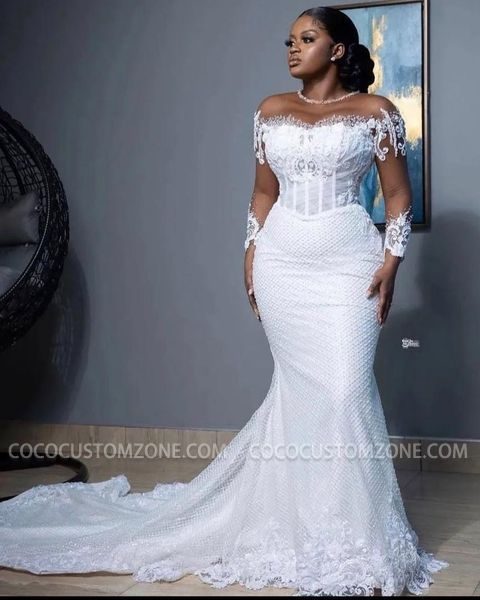 Long Sleeve Pearl Lace Mermaid Wedding Dress With Train