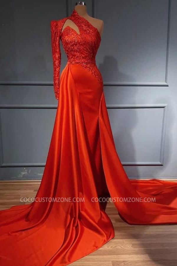 Chic Red One-Sleeve Long Evening Gown | One Shoulder Ball Gown