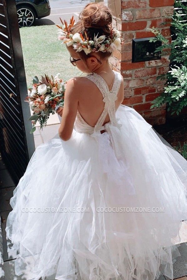 White Cross Bind Lace Layered Tulle Girl Long Sleeveless Gown | Floor Children's Wedding Dress