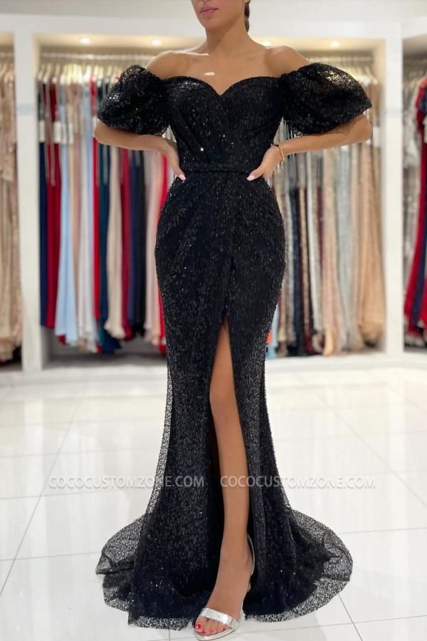 Black Long Sleeve Split Evening Gown with Sequins | Mermaid Ball Gown