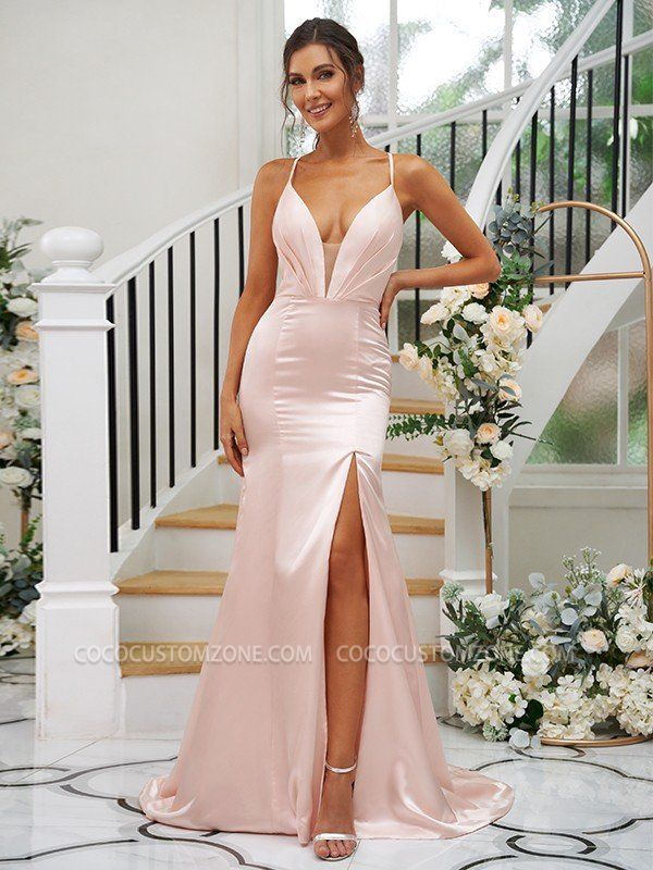 Pink Simple V-Neck Straps Side Slit Evening Dresses