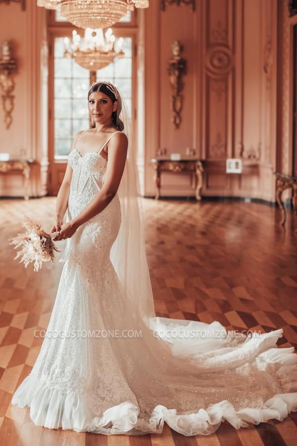 Appliques Lace V-Neck Mermaid Wedding dresses | Luxury wedding dresses glitter