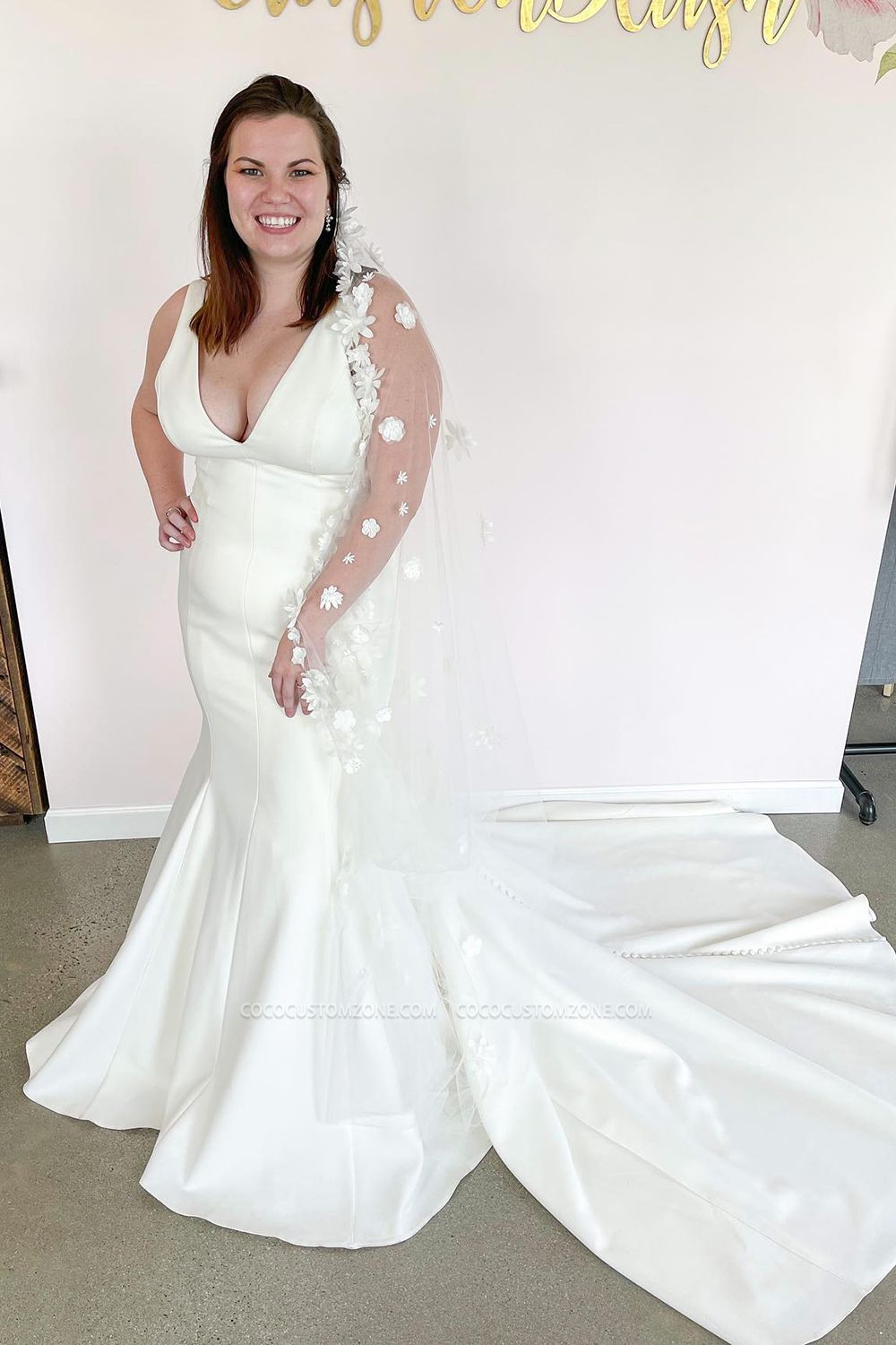 Simple Sexy Deep V Neck Wide Shoulder Straps Open Back Trailing Mermaid Wedding Dress