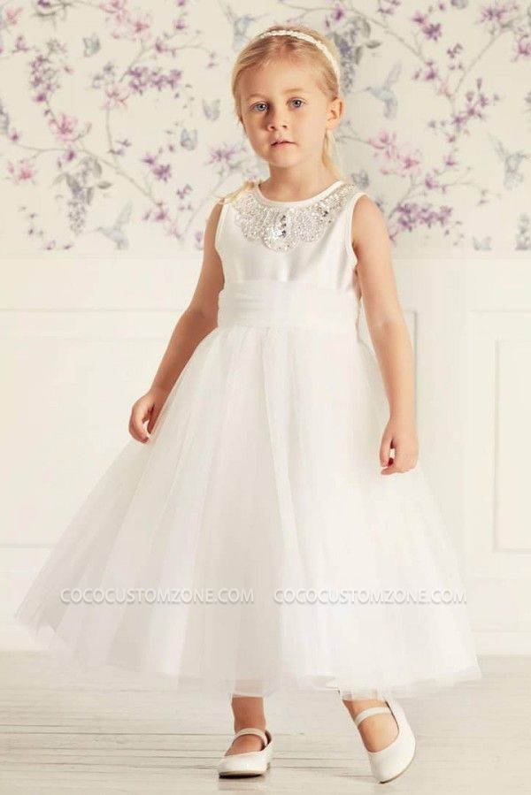 White Simple Beaded Tulle Flower Girl Dress Beauty | Little Girl Dress