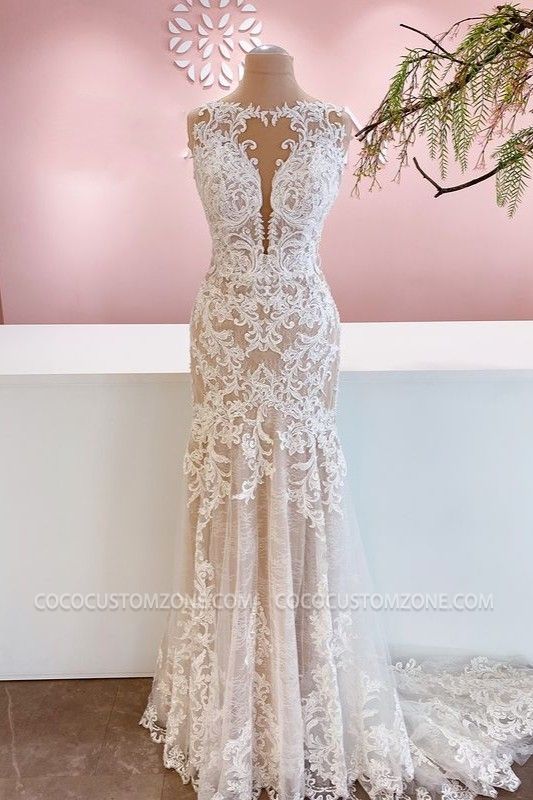 Elegant Crew Neck Illusion Mermaid Wedding Dress | Mermaid Lace Wedding Dress