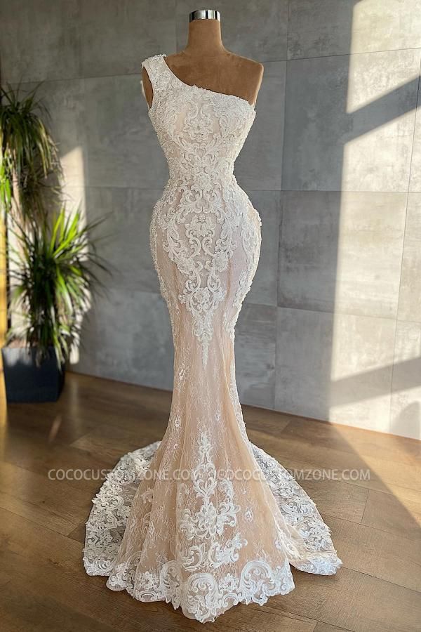 Designer Cheap Lace One Shoulder Mermaid Wedding Dress