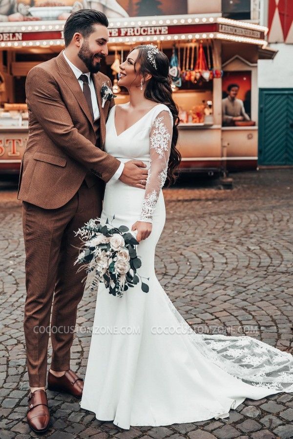 Simple Long Sleeve V Neck Lace Mermaid Wedding Dress
