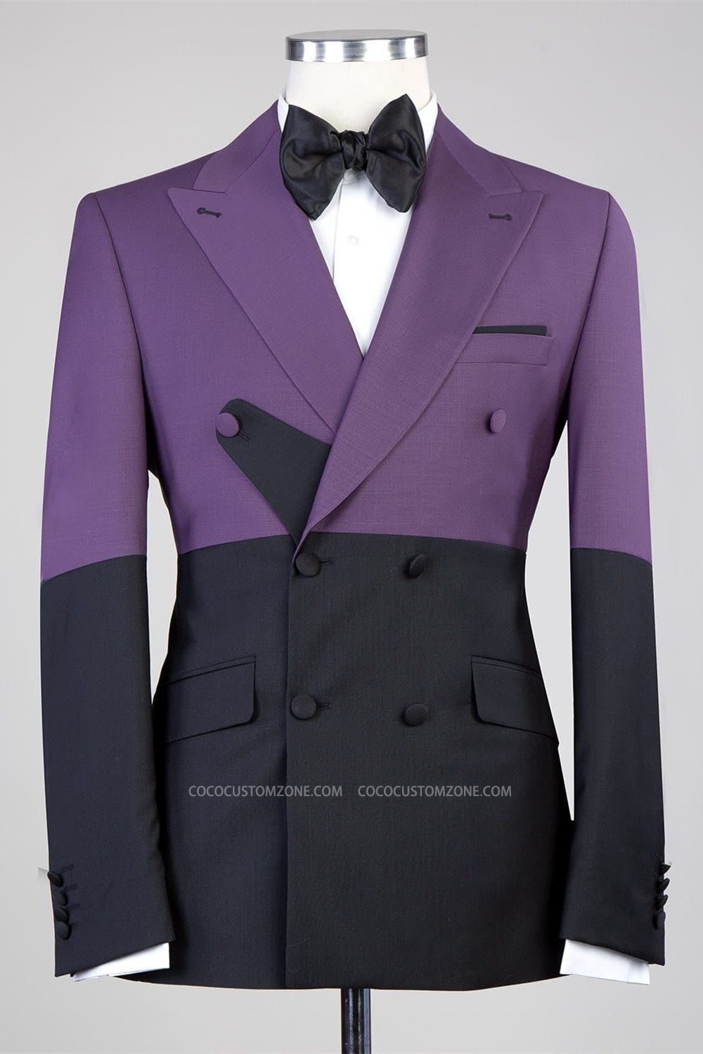 Fashion Purple And Black Double Breasted Peaked Lapel Men Suits for Prom