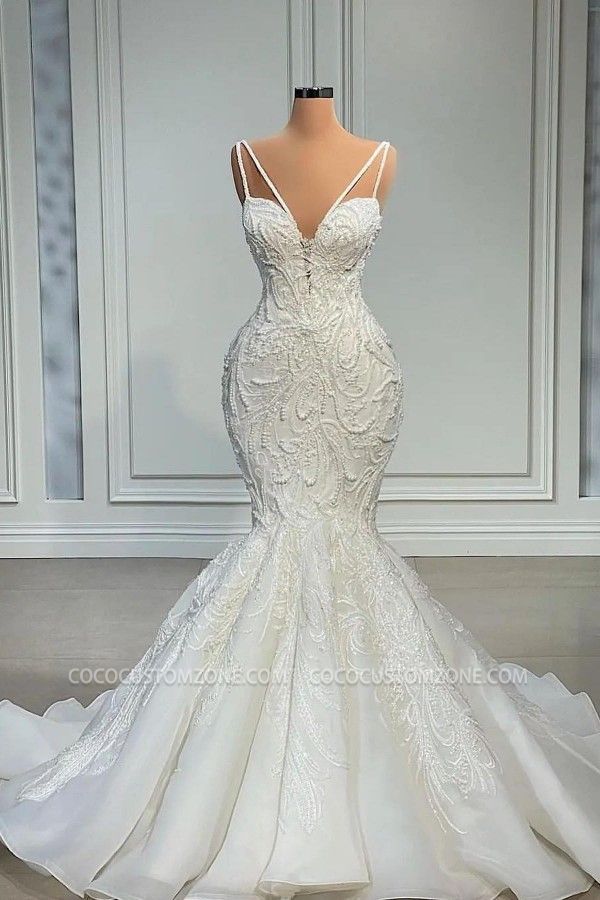 Luxury Spaghetti Strap Sweetheart Mermaid Lace Wedding Dress