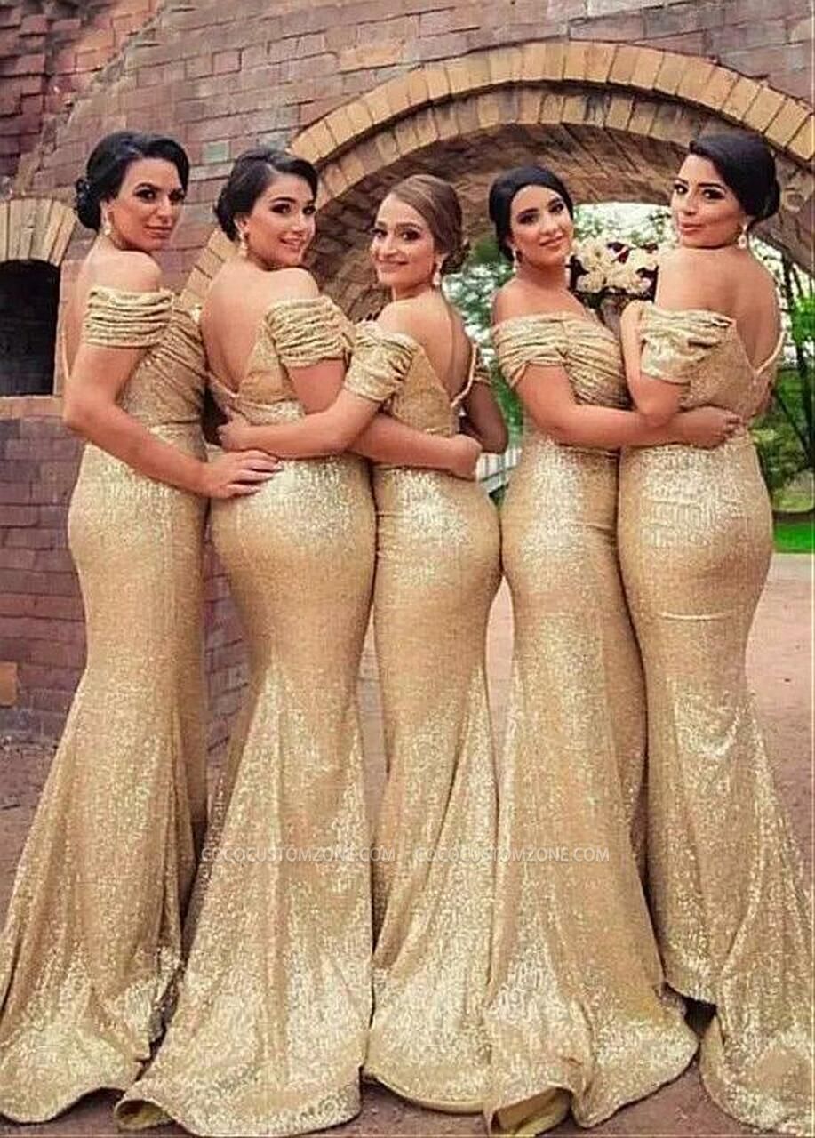 Sequin Lace Off-the-shoulder Mermaid Gown In Gold