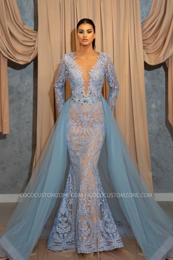 Luxurious Blue V-Neck Long Sleeve Lace Evening Gown | Homecoming Dress with Lace Sleeves