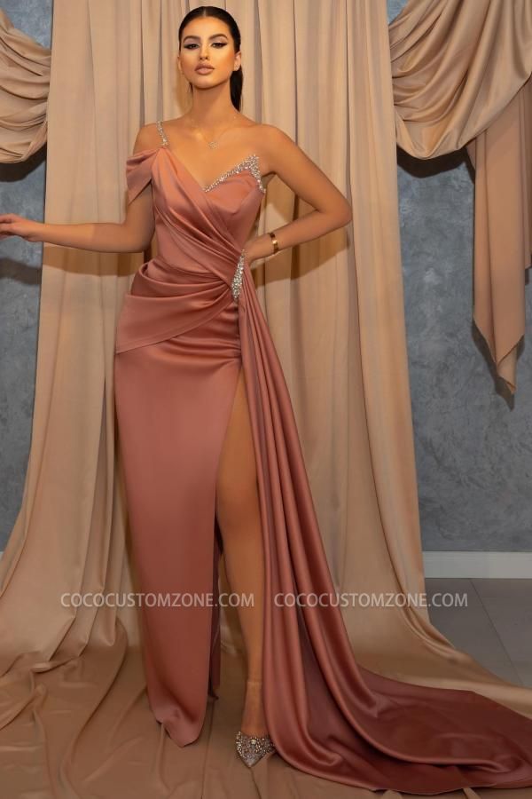 Dust Pink One Shoulder Sleeveless Prom Dress Cheap | Slit Prom Dress