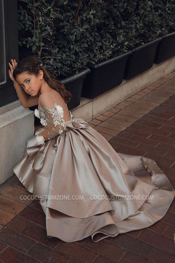 Silver Satin Cloth Transparent Back Lace Decal Bow Girl Dress