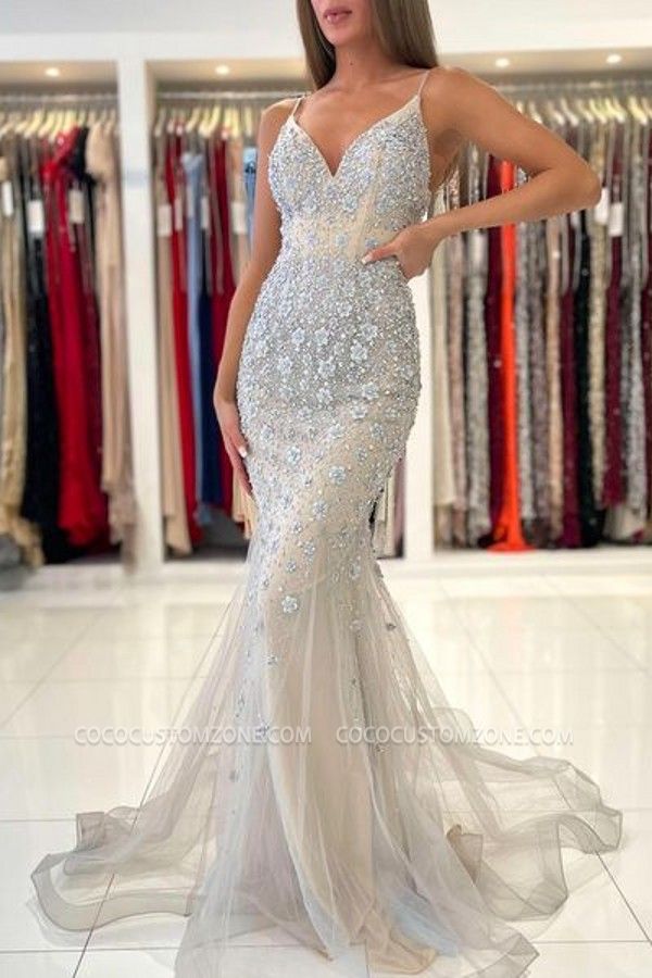 Sexy V-neck Skinny Strap Lace Mermaid Ball Gown