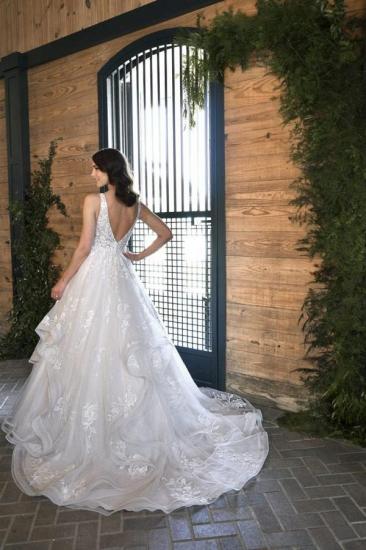 V-Neck A Line Lace Cream Wedding Dress_2