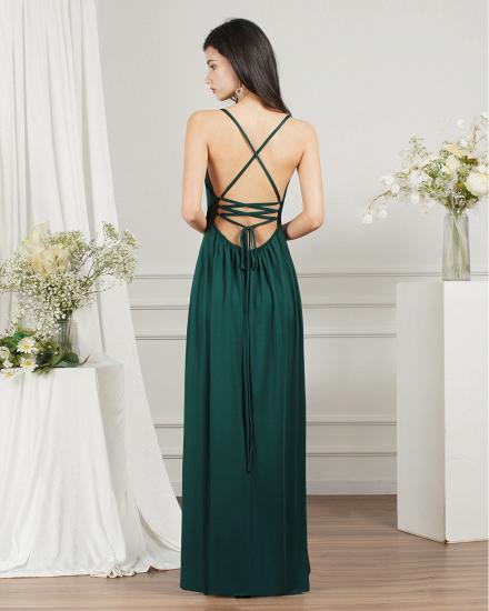 Chiffon Dark Green V-Neck Side Slit Floor Length Prom Dress | Cheap Evening Dresses_7