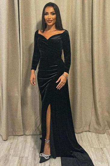 Long Sleeved Sweetheart Neck Slit Front Velvet Evening Gown