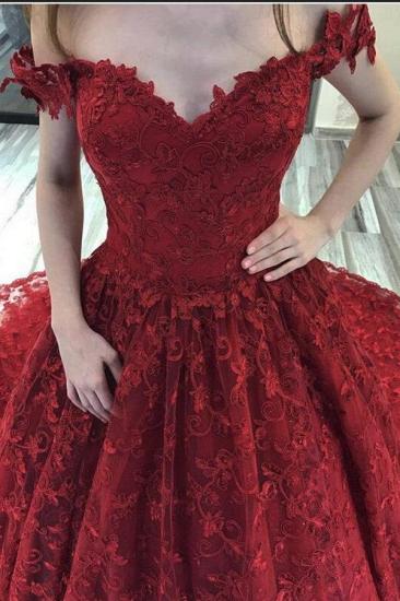 Red Off-shoulder A-line Lace Wedding Dress With Flowers_3