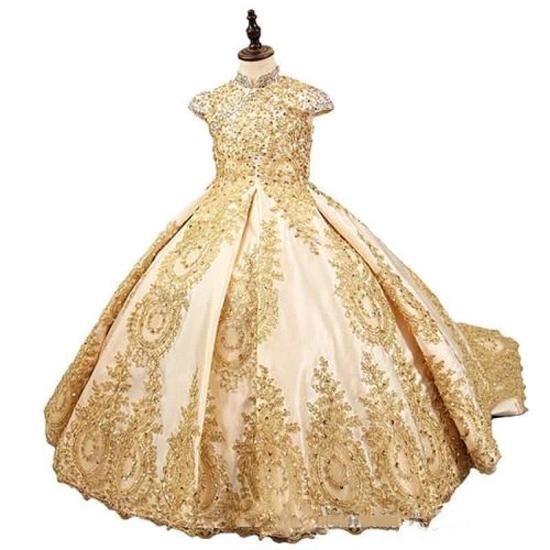 Luxury Gold Ball Train Little Girl Beauty Pageant Dress