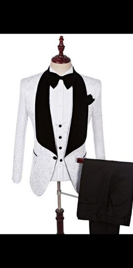 Trendy Jacquard Shawl Lapel Wedding Set | White Men's Three-Piece Suit