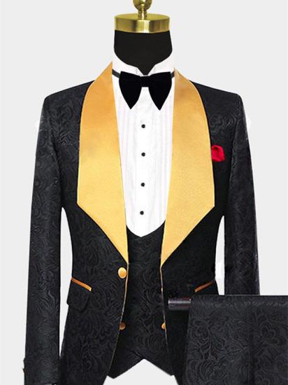 Black Jacquard Gold Lapel Tuxedo | Men's Jacquard Three-Piece Suit