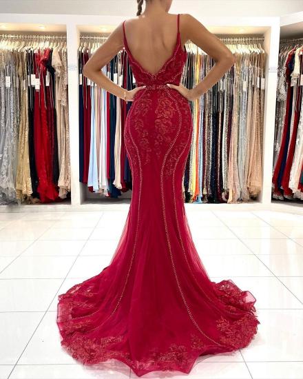 Shiny Red V-Neck Lace Long Prom Dress | Cheap Mermaid Evening Dresses_4