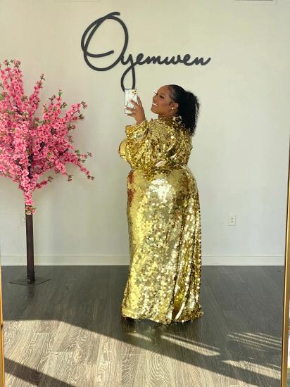 Sexy sequins high split long-sleeved party gown | sparkle ball gown_12