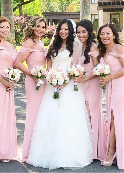 Cheap Chiffon Off-shoulder Split Tight/cylindrical Bridesmaid Dress Pink