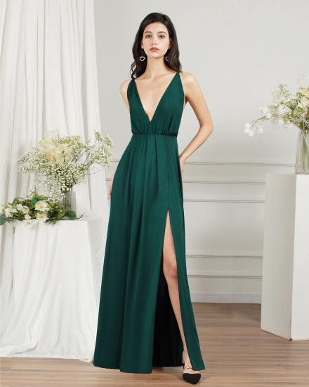 Chiffon Dark Green V-Neck Side Slit Floor Length Prom Dress | Cheap Evening Dresses_5