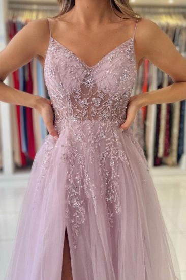 Pink Spaghetti Strap V-neck Tulle Long Slit Evening Dress With Beading_7