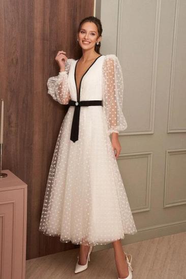 Tea-Length V-Neck Long Sleeves A-line  Simple Wedding dresses